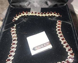 STUNNING STERLING SILVER MARCASITE NECKLACE WITH FACETED GARNETS!  