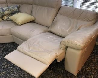 BEIGE NATUZZI LEATHER FROM GORMANS POWER RECLINER SECTIONAL 
LEFT SIDE 98” 
RIGHT SIDE 98”
HEIGHT 36”