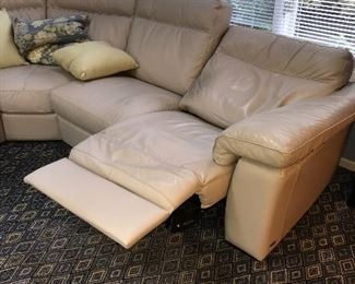 BEIGE NATUZZI LEATHER FROM GORMANS POWER RECLINER SECTIONAL 
LEFT SIDE 98” 
RIGHT SIDE 98”
HEIGHT 36”