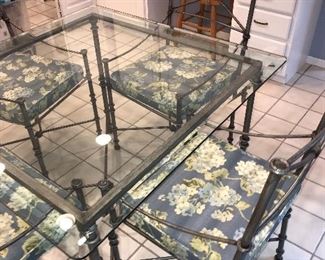 CHIAVARI STYLE GLASS AND METAL TABLE AND 4 CHAIRS
42”L x 42”W x 29.5”H