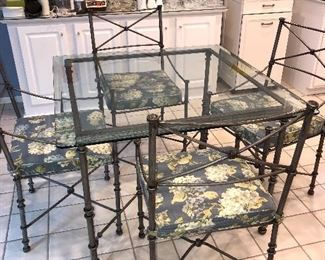 CHIAVARI STYLE GLASS AND METAL TABLE AND 4 CHAIRS
42”L x 42”W x 29.5”H