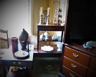 Pottery...Set Wooden Tables...Milk Glass...