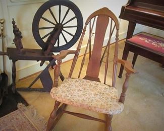 Antique Spinning Wheel ....Antique Rocker...