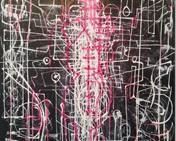 Darin Latimer: "In the Penal Colony (For James C. Harrison)", 2019. Krink Ink & Acrylic Paint on Artist's Panel. Signed verso. Size: 24" x 29.5". $1,600.00