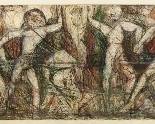 James C. Harrison, #1171: "After Pollaiuolo", April/May 1985. Graphite, Crayon & Pastel Diptych on Paper. Signed upper left. Framed: 25" x 37". $3,850.00