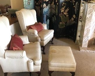 Gorgeous Art Deco chinese screen - matching wingback chairs - might need work.