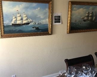 Pair of Oil Paintings of Clipper ship with two figures in a rowboat in the foreground
and ships in the background Michael Matthews (British, b. 1933)