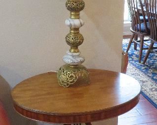 Lyre base occasional table, vintage lamp