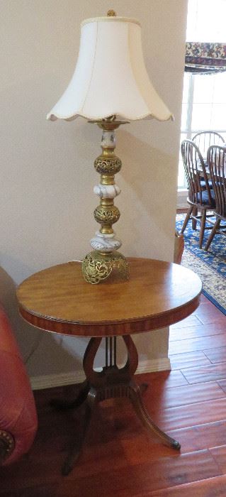 Lyre base occasional table, vintage lamp