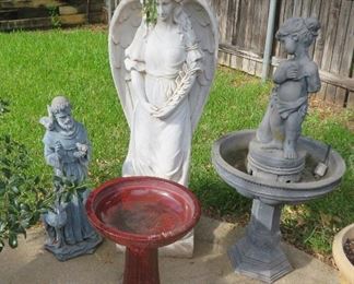 Garden statues, birdbath, fountain