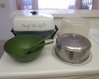 Vintage Goodies:  West Bend Frying Pan, Covered Cake Servers, "Fleetwood" by Sheffield Melmac Salad Bowl and Utensils