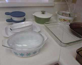 Vintage Corning Ware, 1 3/4 Qt., Avocado Green, Vintage Pyrex, 1 1/2 Qt., Snowflake + Other Casseroles and Oven Ware