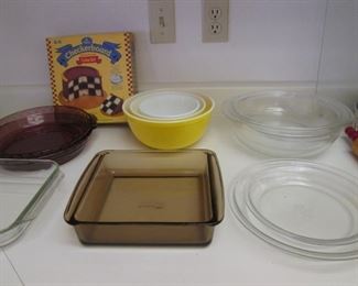 Pyrex Pie Plates, Covered Bowl + Several Colored Mixing Bowls