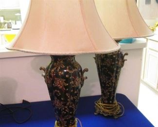 2-Matching Table Lamps on Metal Bases, Silk Shades