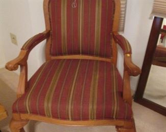 2-Matching Upholstered Arm Chairs, Cherry-Red & Neutral Stripe Fabric