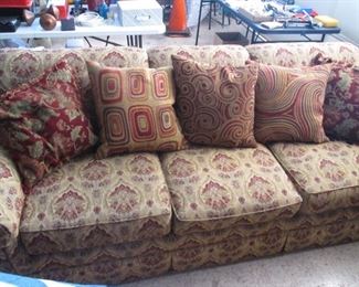 84" Red & Neutral Upholstered Sofa by Thomasville.  Has 10 Year Fabric Protection