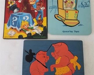 1950s cardboard Howdy Doody Magician puzzle, plus two wooden tray puzzles by Teach Em Toy and Judy Toys.
