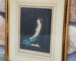 Print #85 of 200 engraved in mezzotint by Hugh H. Banner, after the original painting by John Jacques Henner (French, 1829-1905) entitled "Mary Magdelena Weeping At The Tomb Of Christ". Published in 1913 by Fisher Adler & Schwartz, New York. Beautiful deep color and an atmospheric subject in its original period frame. 9" x 7" in a 16" x 14" frame.