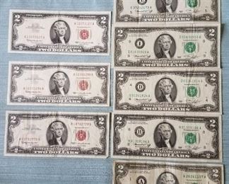 Five 1975 & Three 1963 Two Dollar Bills