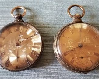 Two early 19th century (early 1800's) key wind pocket watches. Includes:
1) London watch marked ET, Cylinder Escapement 4 Jewels French London (unmarked silver case/dial may be silver; not tested) Bezel does not close; does not run.
2) Watch marked Taylor & Co Liverpool and WAC & Co New York (case/dial may be gold; not tested) Not running.