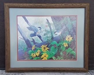 Limited edition print #10/200 of chickadee birds, entitled "Chickadees, Balsam Root, & Fireweed" by Casper artist Gary Keimig. 13" x 17" in a 20" x 24" frame.