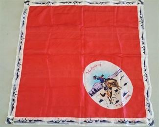 1929 Pendleton Roundup Cowboy & Horse Neck Scarf. A piece of Western history! In great condition with bright colors. 25" square silk neck scarf featuring tipis around the edge, and a vignette of a cowboy on a bucking horse with the words "The Round Up" and "Let Er Buck". Sold at the Pendleton Round Up from about 1910 to 1929, so the scarf is no later then 1929.