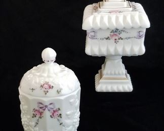 Westmoreland milk glass roses and bows candy dishes