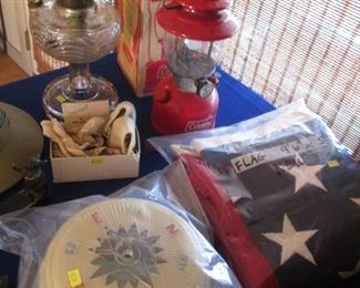 Cotton American Flag, New in Package, 9'6" X 5',                      Vintage Red Coleman Lantern with Box #200A-195, Single Mantle.  Vintage Ceiling Light Fixture with Nautical Theme, parts inside bag...