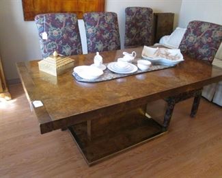 Dining Room Table on Platform Base with 2-16" Leaves   which Insert at each end.  Circa 1977, by Thomasville.    Fashioned after the Style of Designer Milo Baughman.