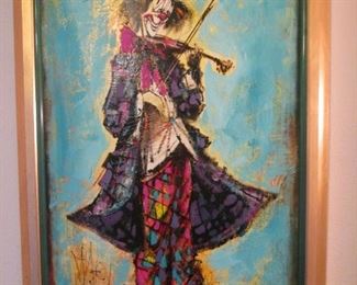Happiness is a Clown with a Fiddle! Mid-Century Modern Oil Painting, Signed