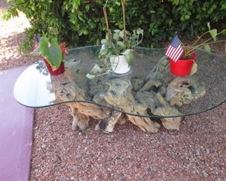 Scalloped Glass Top Table with Driftwood Base
