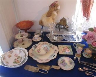 Fancy Party Time Serving Pieces: Footed Carnival Glass Bowl, Tidbit Tray, Decorative Plates & Bowls, Silver Plate Utensils.