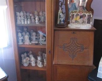 Antique Drop-Front Secretary with Mirror, Cabinet & Display. Precious Moments Collectibles