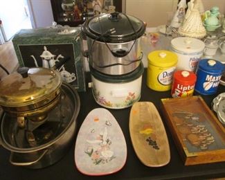3-Crock Pots, Chafing Dish, Silver Plate Set and 4-Piece Retro Metal Canister Set