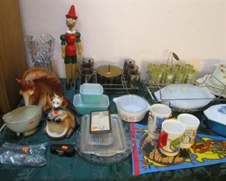 Great MCM Selections of Pyrex & Corning Ware Oven Ware, Mixing Bowls, & Refrigerator Dishes. Beautiful Colors & Patterns...COME EARLY, they sell out quickly! Also Carriers with Bar Glasses/Ice Buckets.