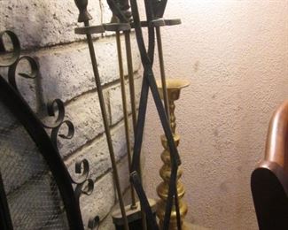 Brass Candlestick + Fireplace Tools