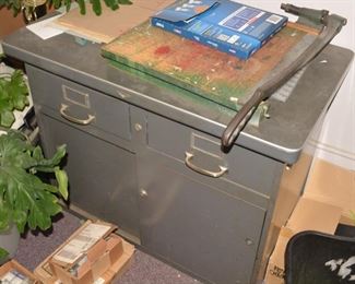 Industrial Metal Cabinet, Paper Cutter - Vintage