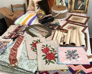 Handmade items, old prints, oil paintings, sewing box, needlepoint, etc.