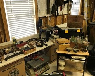Antique Trunk, Tools, Equipment, Old bottles,etc.