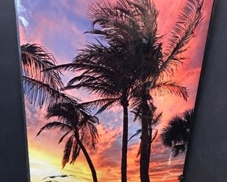 metal photograph art of palm trees sunset