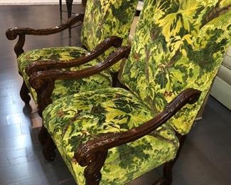 Freman Pair of Wooden Carved Green Leaf Upholstered Chairs