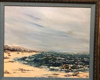 Original Canvas Artwork Beach Seascape with Children Signed 