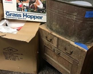 Grass hopper work seat, copper bin, rustic storage bench