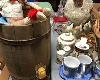 Old wood barrel, ceramics, and more