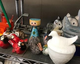 Porcelain bird figurines and milk glass