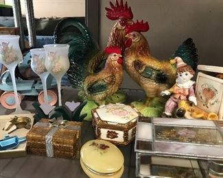 Stained glass, ceramic hens and roosters, metal ash trays, and other fun stuff