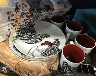 Hen and Rooster plates, cups & towels