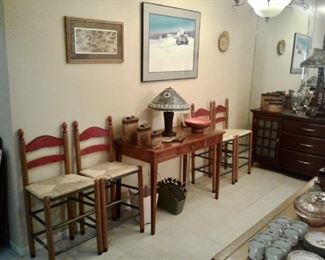 Set of 4 matching wooden bar stools with woven seats