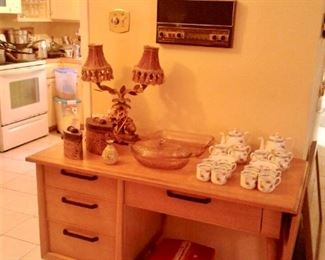 Unusual Mid-Century Modern light wood desk with leaf that raises to make a table 