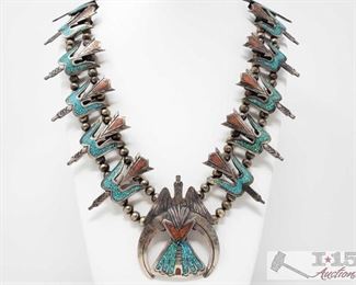 250: Old Pawn Turquoise and Coral Squash Blossom Necklace, 271.2g
Measures approx. 16" weighs approx 271.2g
